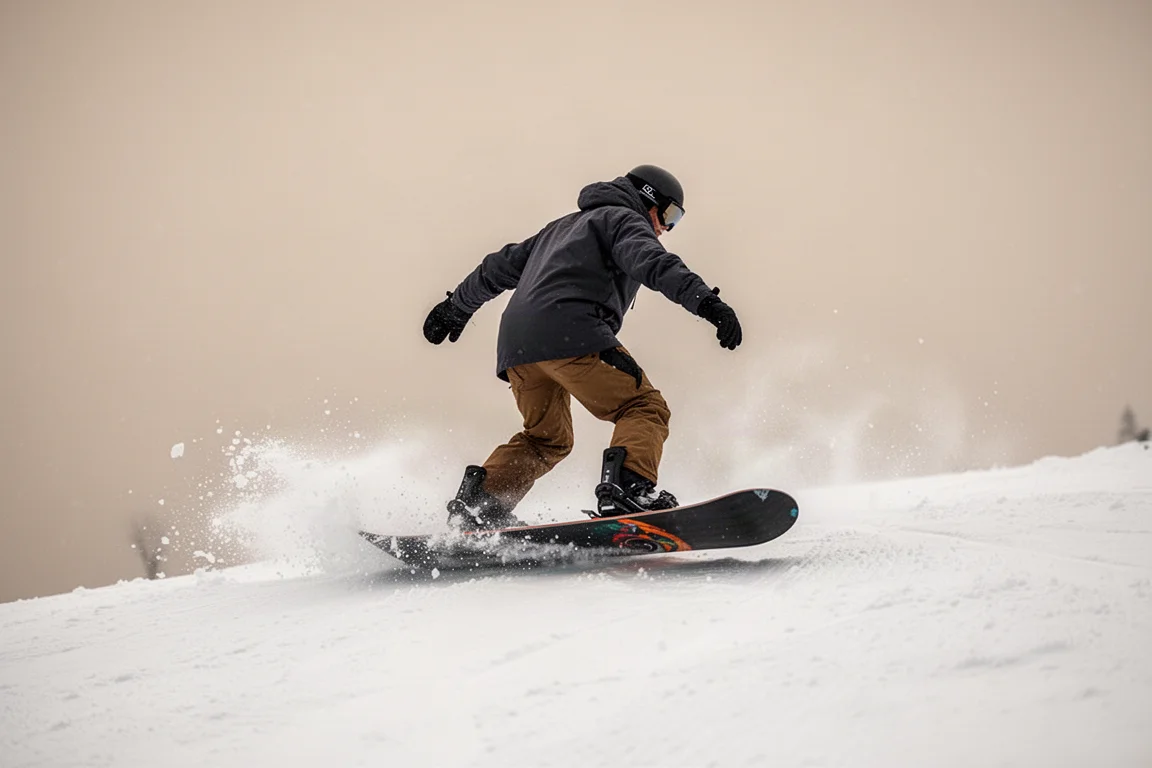 Snowboarder haciendo un butter hacia un nose press en una pista pisada