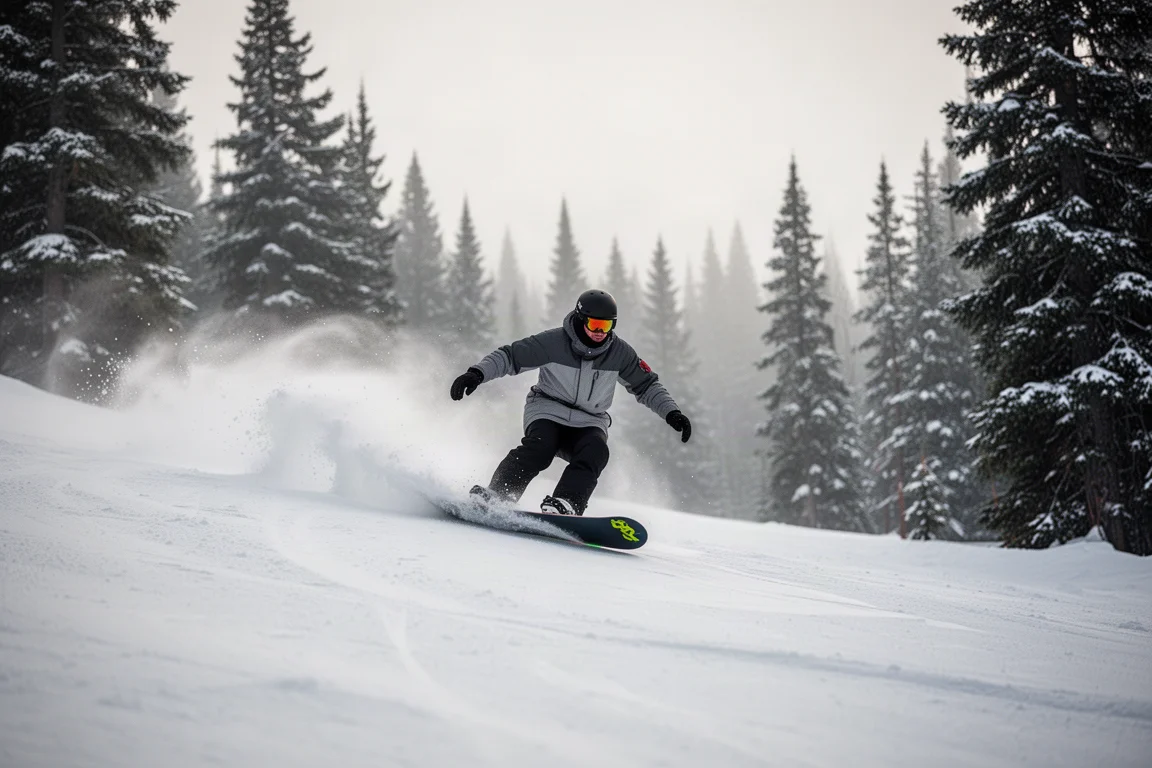Snowboarder carvando agresivamente sobre el cante en una pista firme de la mañana