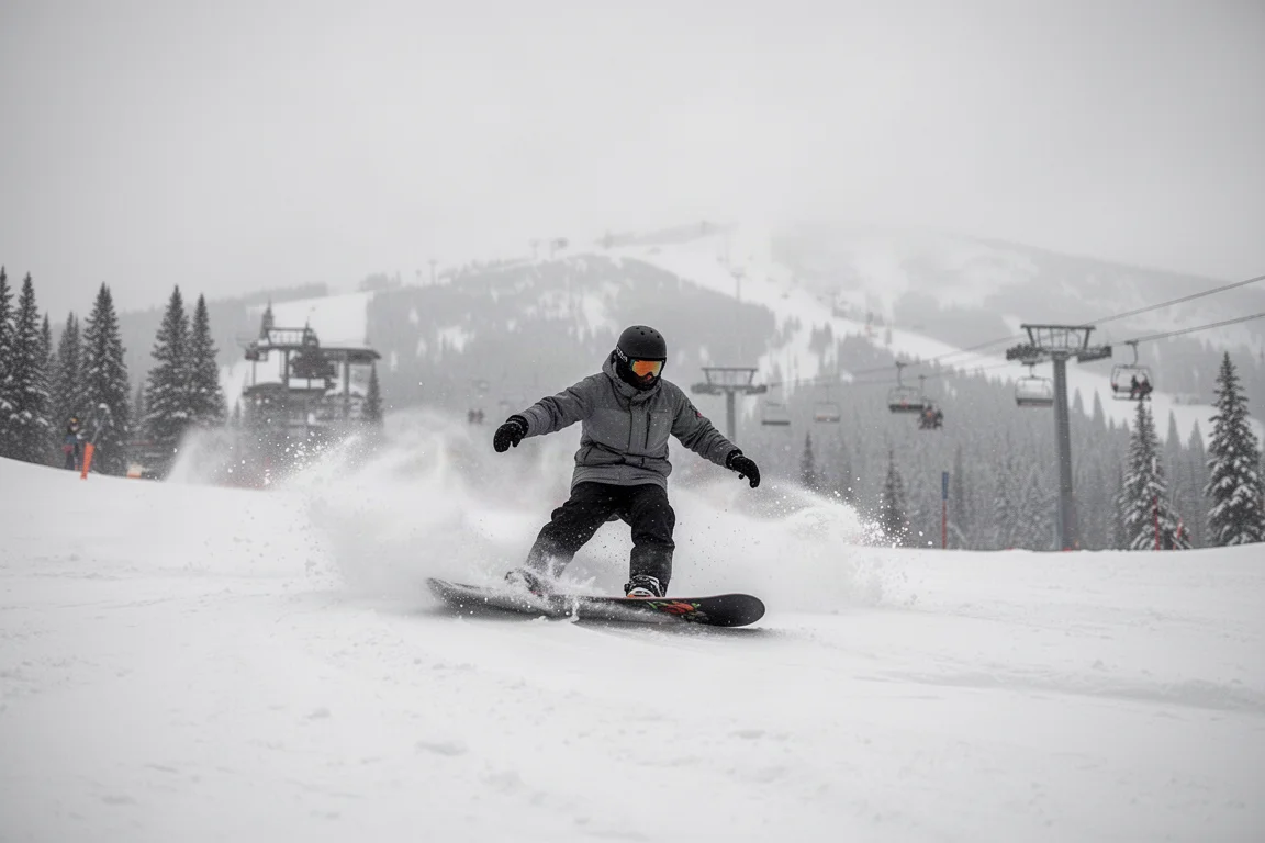 Snowboardeur qui carve dans la neige fraîche par temps couvert en station