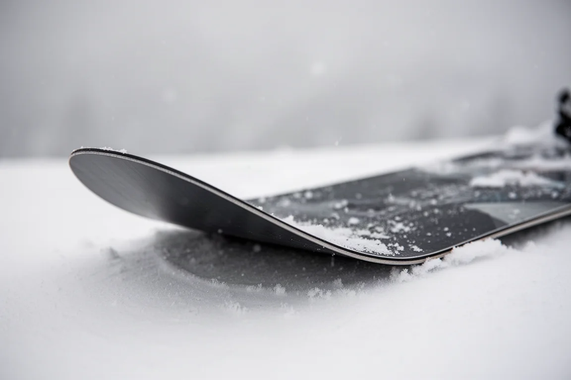 Gros plan sur le nose d'un snowboard montrant le rocker et une flexion souple