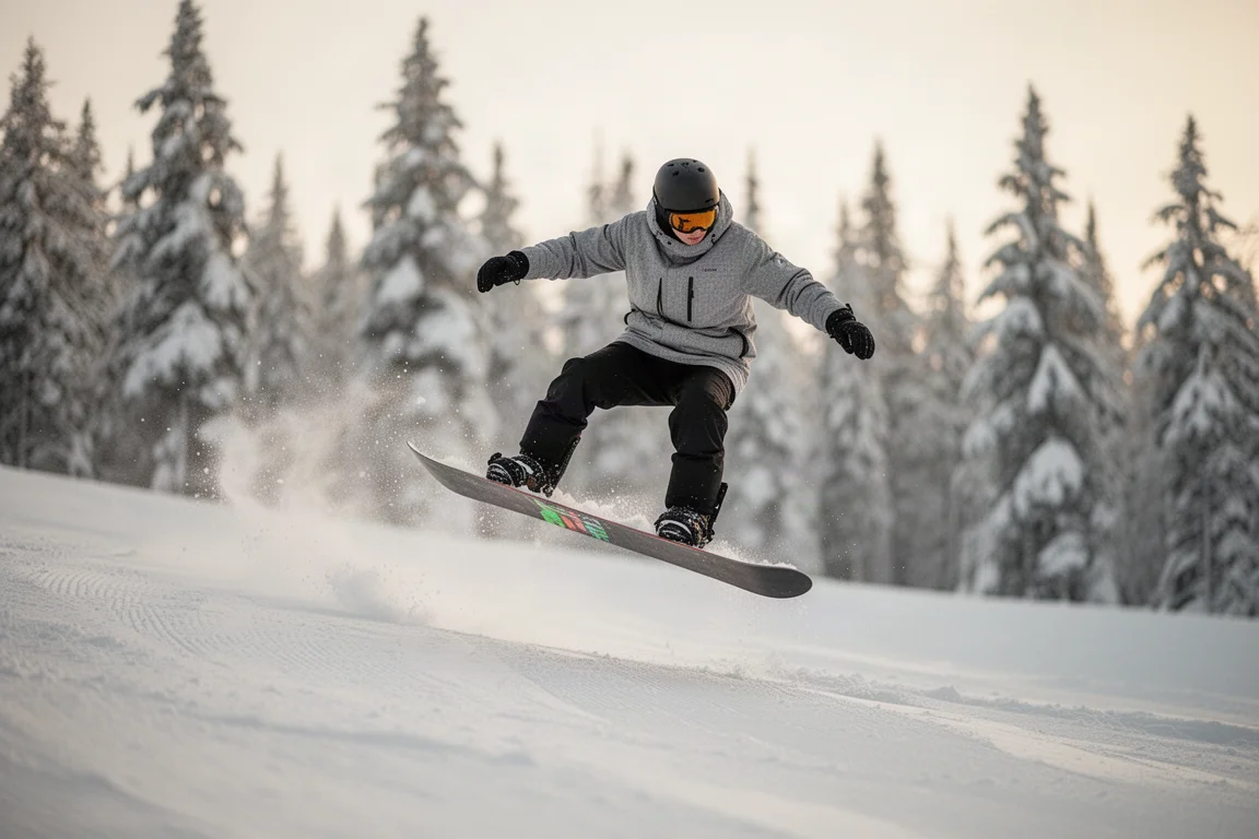 Snowboardeur qui fait des butters et des presses sur une piste douce