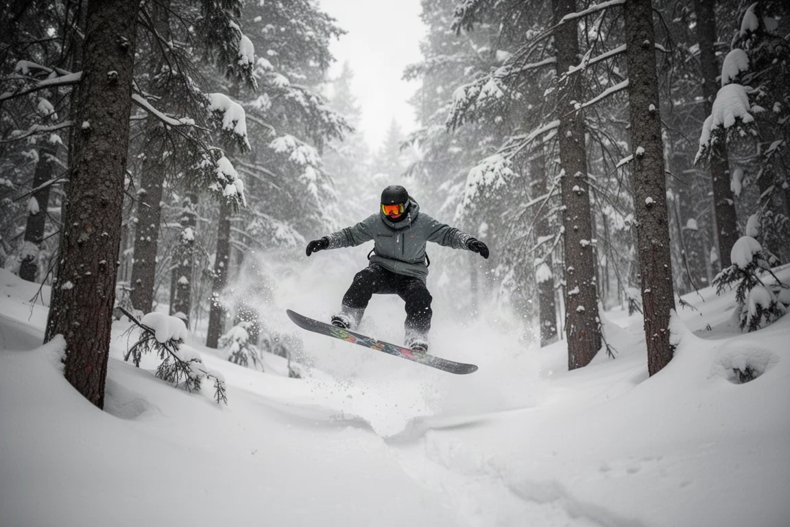 Snowboardeur qui flotte entre les arbres dans la poudreuse profonde