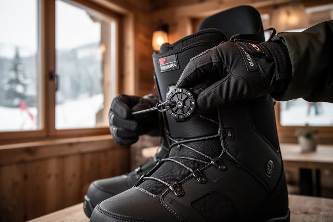 Snowboarder adjusting a Boa dial on a boot in a snow lodge