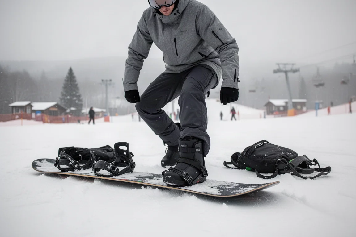 Snowboarder pressing into a boot flex with knee bent at a resort