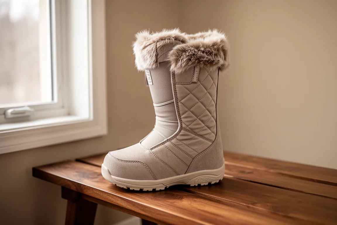 Snowboard boot liner with fur cuff resting on wooden bench