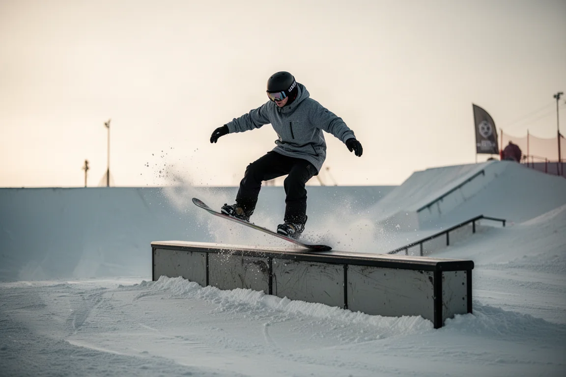 Snowboarder riding a rail in a snowboard park