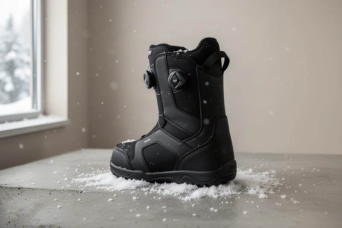 混凝土表面上放置的黑色單板滑雪靴，帶有 Boa 旋鈕