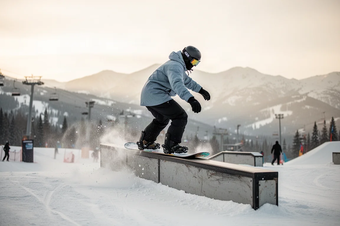 Snowboarder che preme lo snowboard su un rail del park con luce pomeridiana soffusa