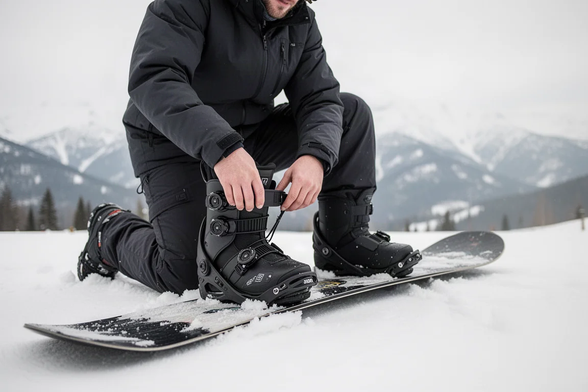 Snowboarder schnürt sich auf einer verschneiten Bergpassage in einen steifen Boot ein