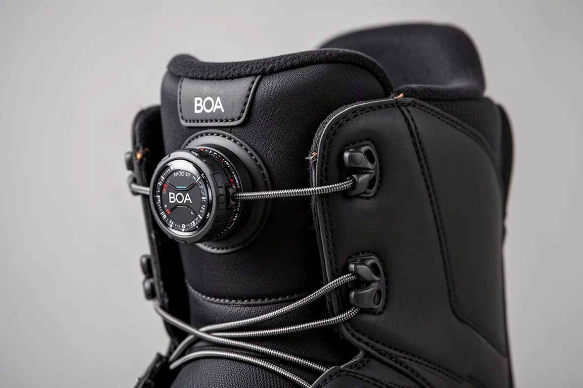 Nahaufnahme eines Dual-Boa-Drehknopfsystems an einem Snowboardboot