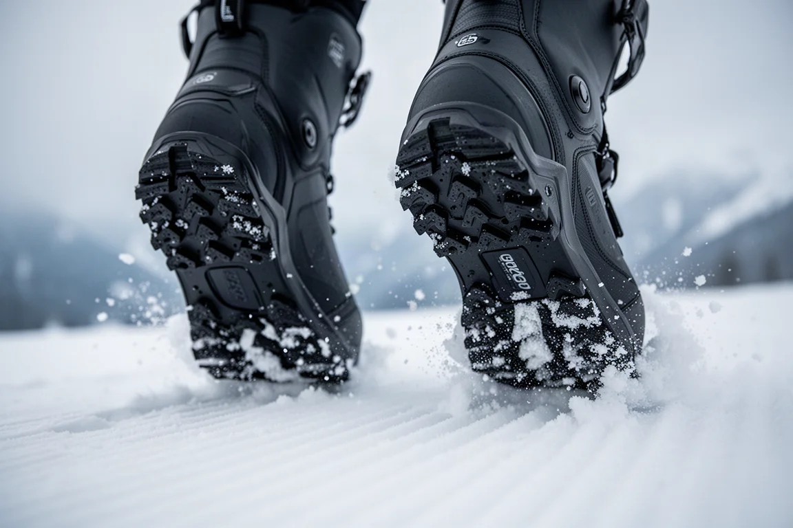Snowboardbootsohlen pressen sich auf einer Hartpiste in den präparierten Schnee