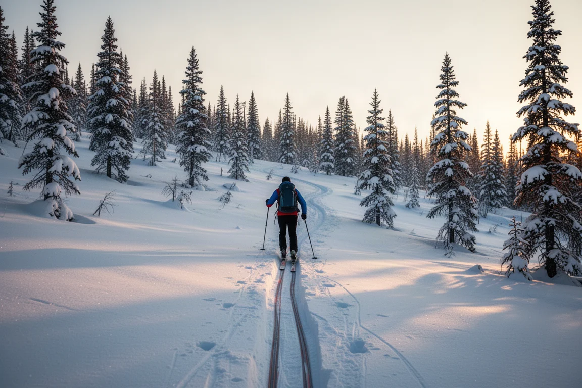 Turåkare med hudar går uppför genom en snötäckt skog i gryningsljus