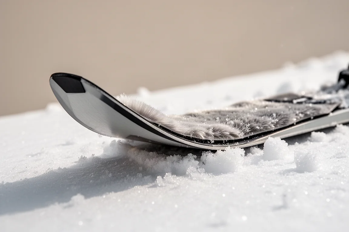Närbild på rockern i skidspetsen och klistra på nysnö