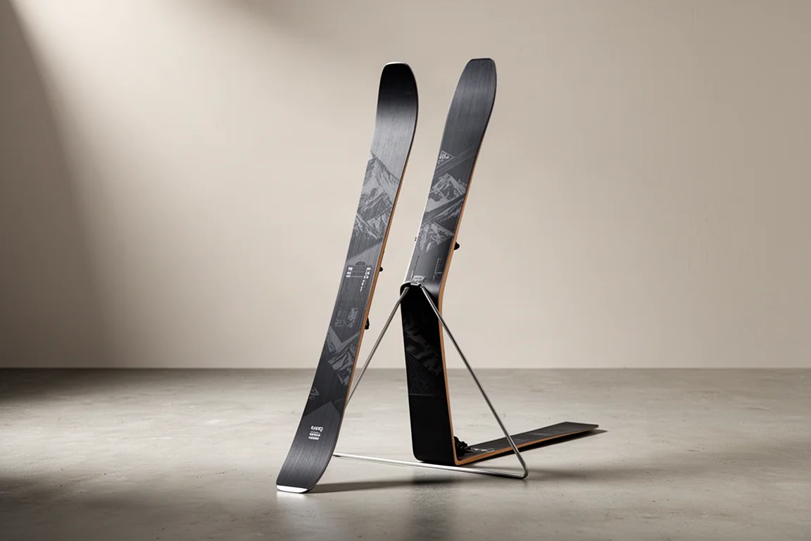 Pair of lightweight backcountry touring skis standing upright on a matte concrete surface