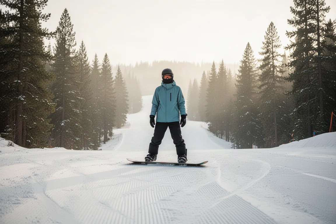 Snowboarder steht am oberen Ende einer präparierten Piste mit Bäumen und weichem Morgenlicht