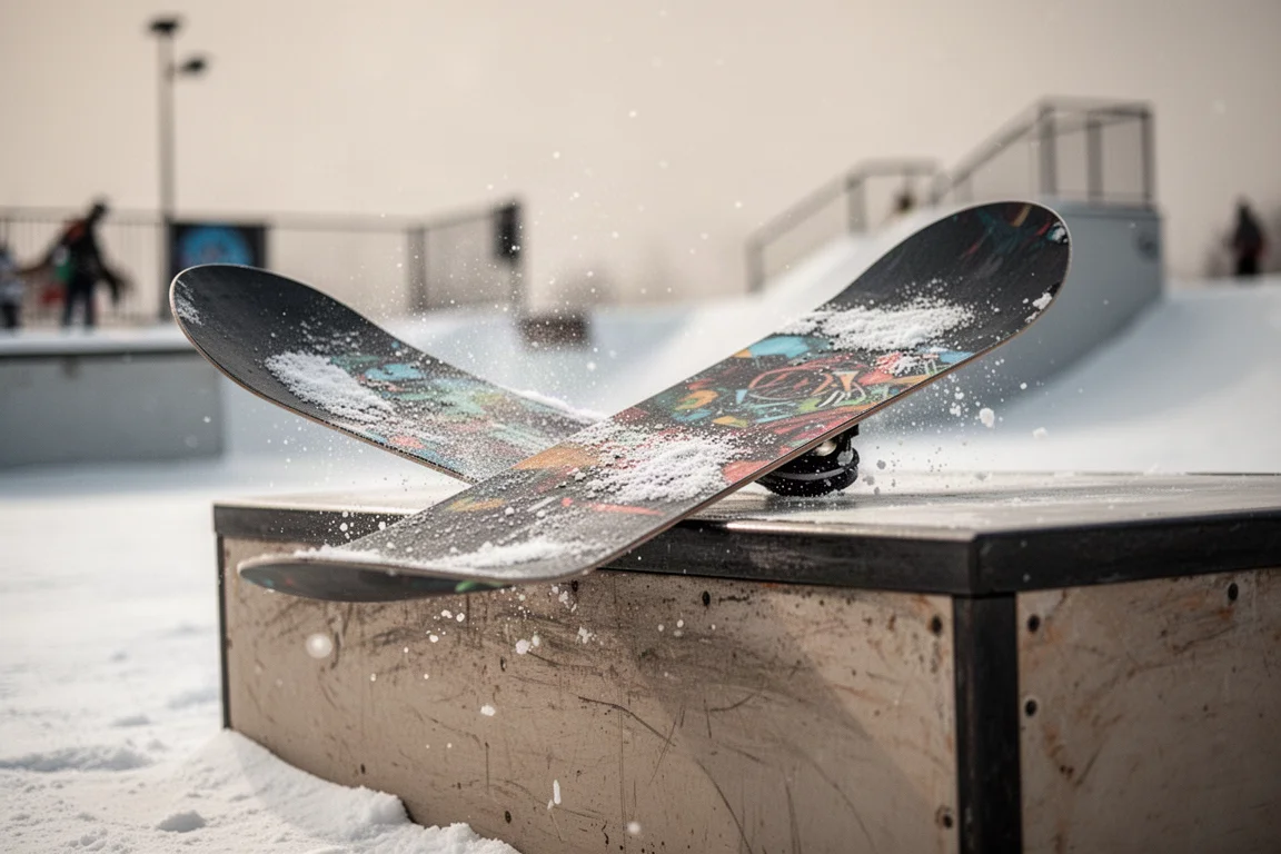 Nahaufnahme eines Snowboards, das bei weichem Licht an die Kante einer Parkbox gedrückt wird