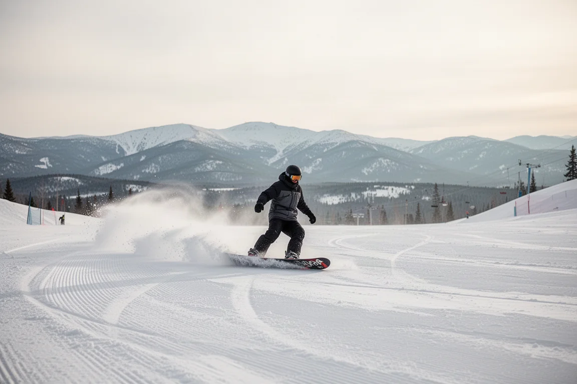 Anfänger auf dem Snowboard fährt eine weite Kurve auf präparierter Piste an einem klaren Wintertag