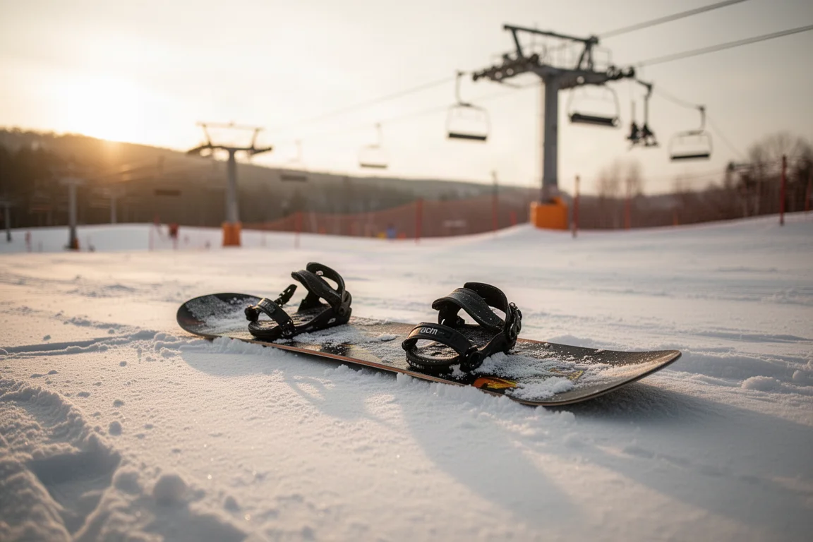Snowboard liegt bei goldenem Abendlicht auf festem Schnee neben einer Liftpiste