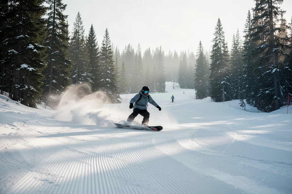 Snowboarder che traça una curva su una pista battuta nella luce morbida del mattino