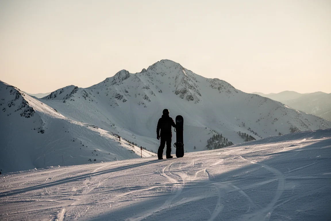 Rider in piedi con uno snowboard in cima a una pista alpina nella luce del tardo pomeriggio
