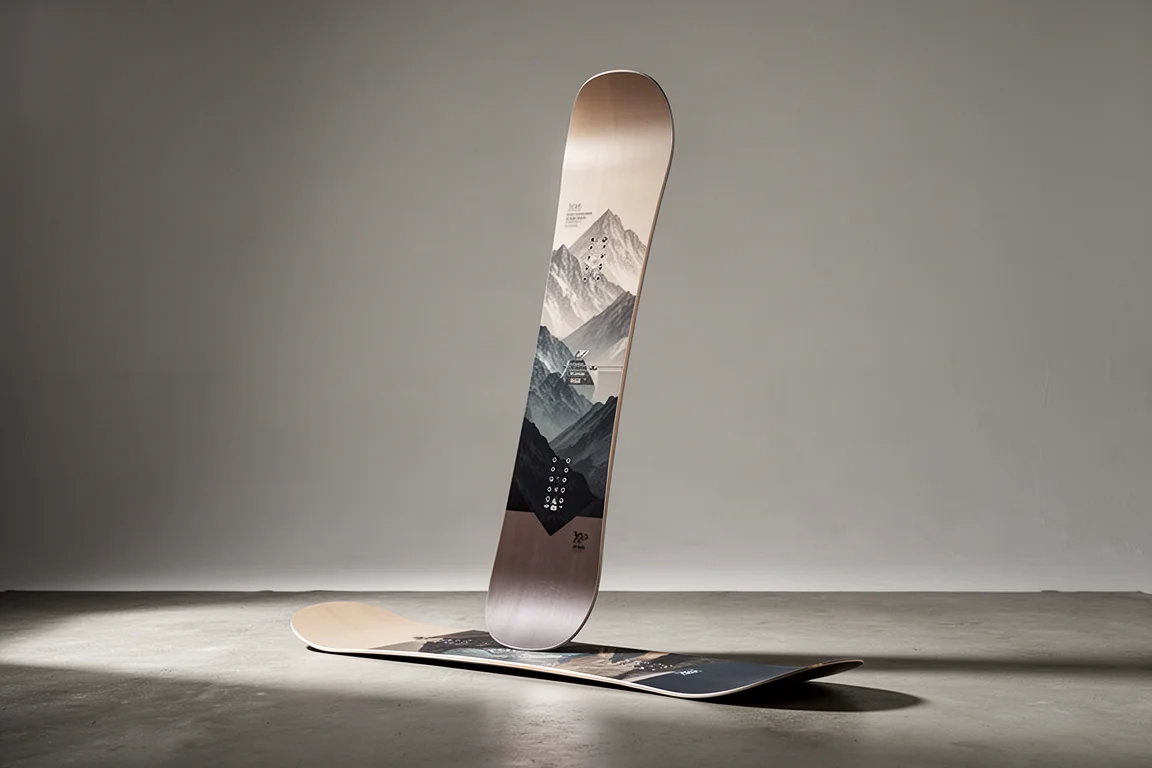 Snowboard twin tip da donna in piedi su una superficie di cemento opaco