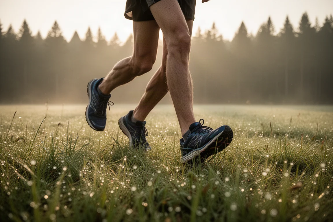 Trail runner crossing a grassy field in soft morning light