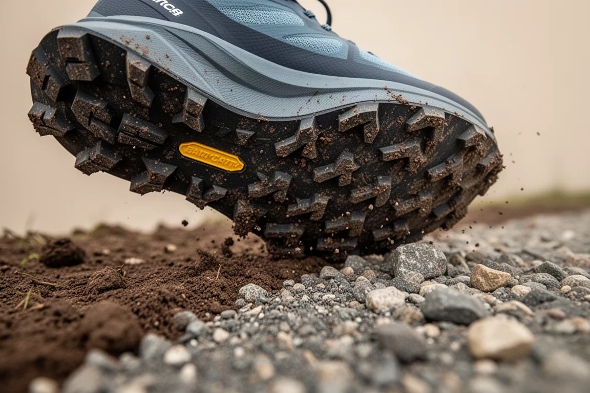 Close-up of a lugged trail shoe outsole on mixed terrain
