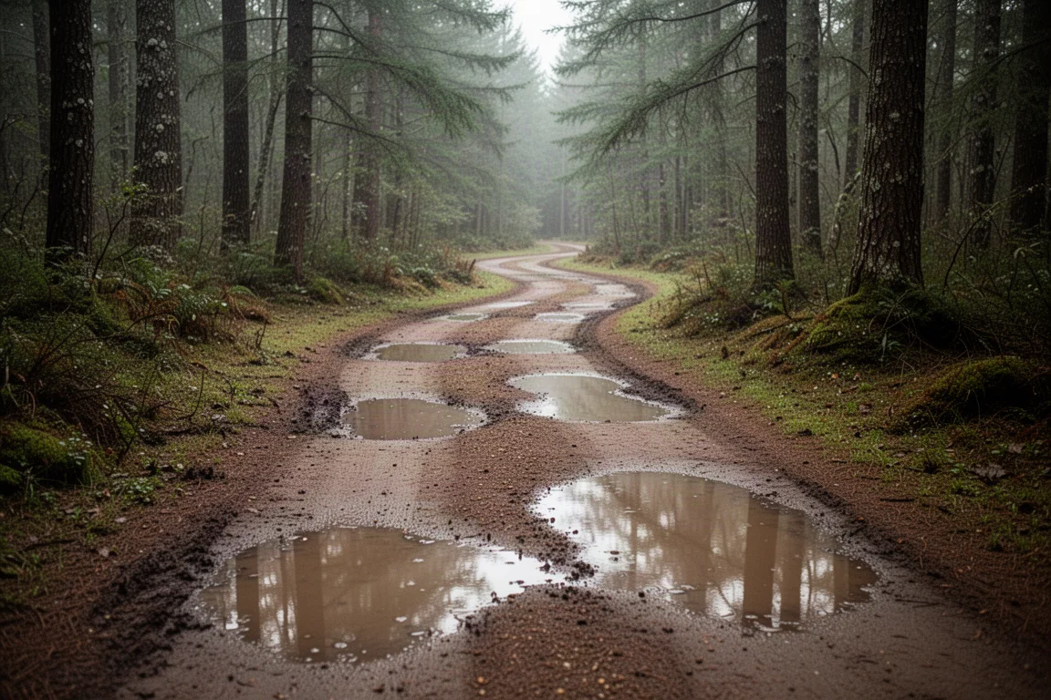 Winding forest trail with muddy patches under soft overcast light