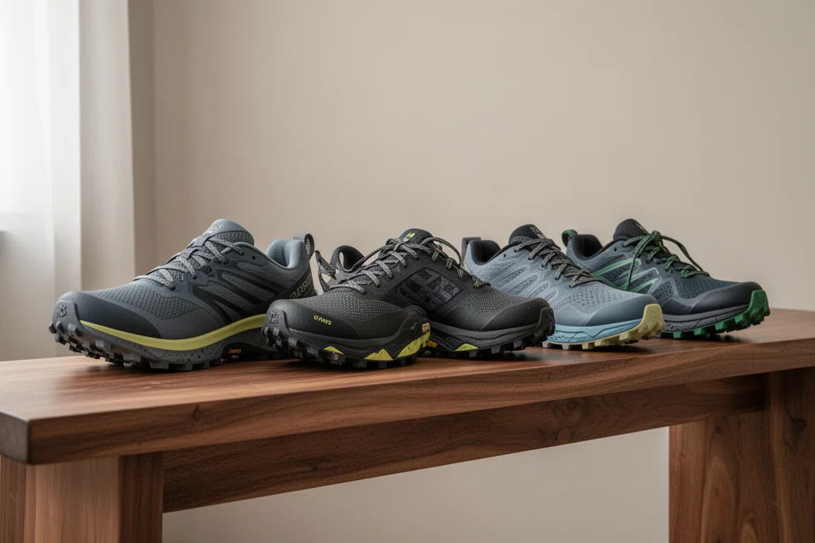 Row of alternative trail running shoes on a wooden bench