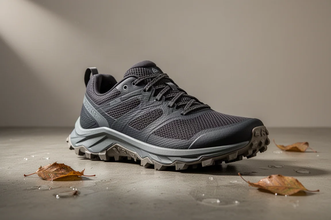 Trail running shoe with lugged outsole on concrete with damp leaves