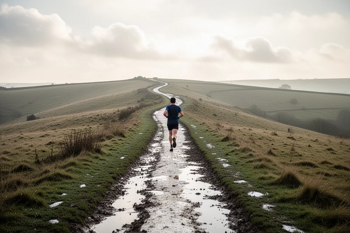 Trail runner su un tracciato di gesso fangoso che serpeggia tra colline aperte