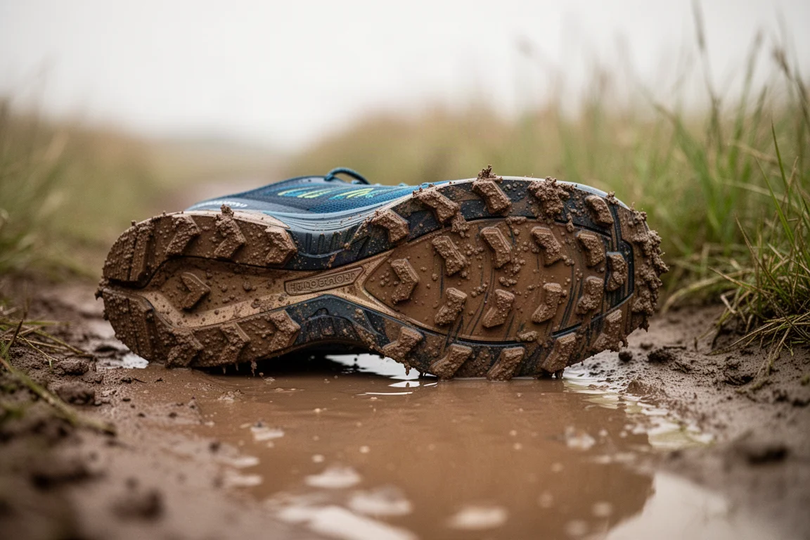 Primo piano della suola fangosa di una scarpa da trail running con tasselli che aderiscono al terreno bagnato