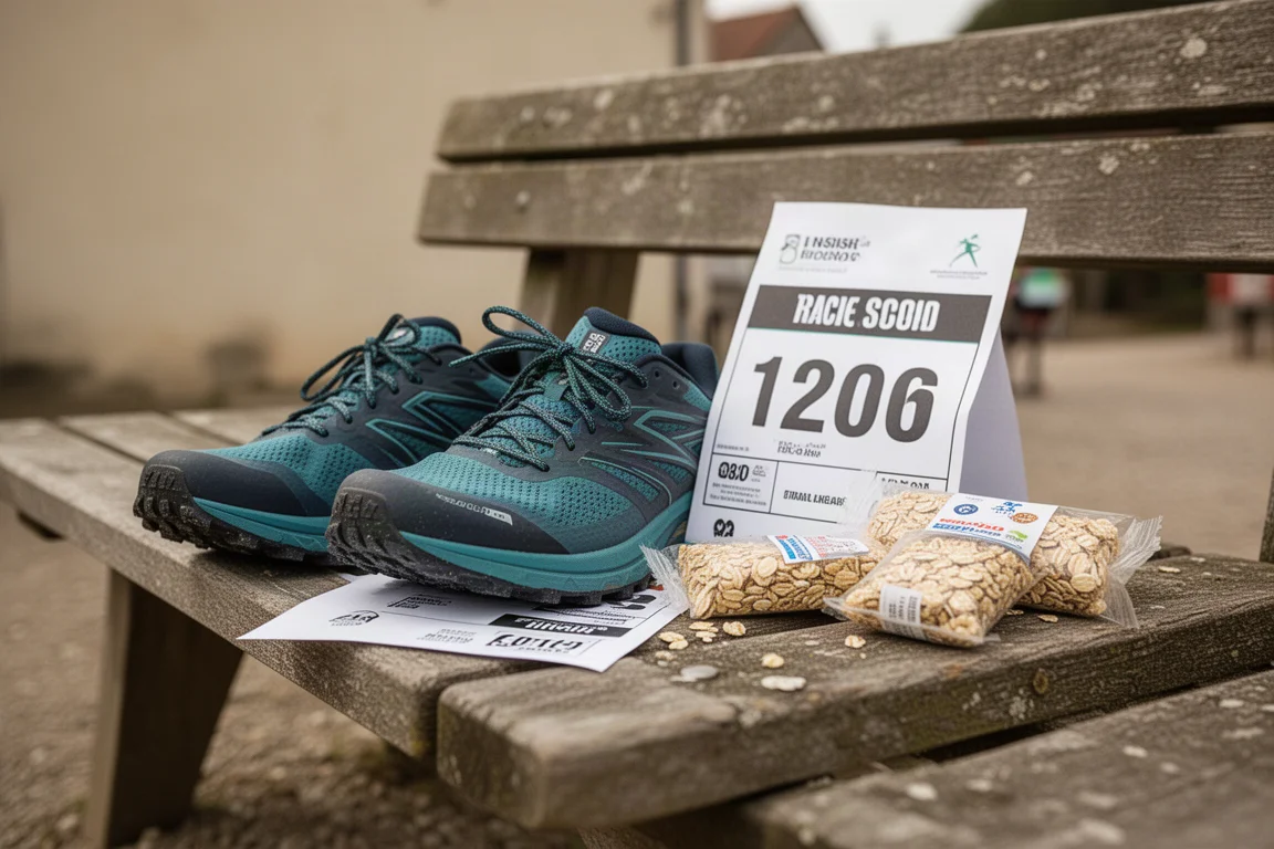 Scarpe da trail running appoggiate accanto a un pettorale e barrette d'avena su una panca