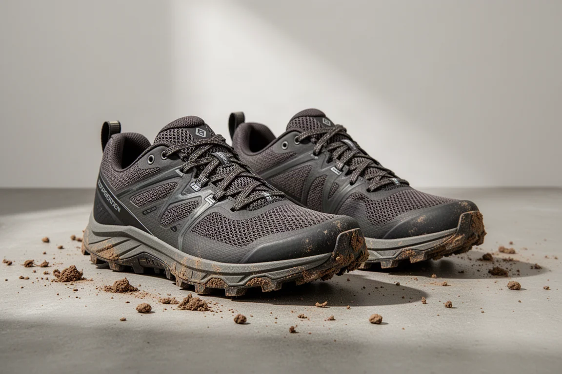 Pair of Salomon Peregrine 16 trail running shoes on concrete surface