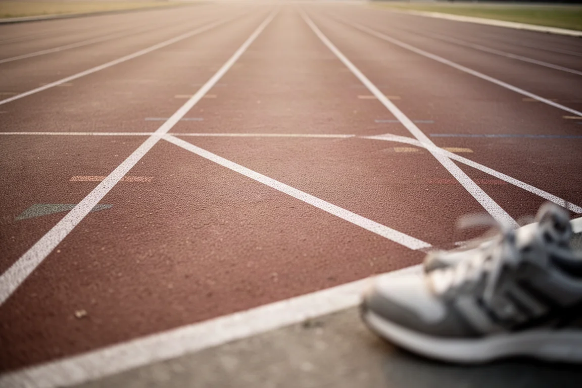 夕暮れの陸上トラック、レーンマーキングとその傍らに置かれたランニングシューズ