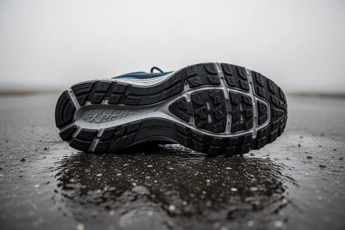 Nahaufnahme eines eng anliegenden Laufschuh-Oberschuhs am Fuß