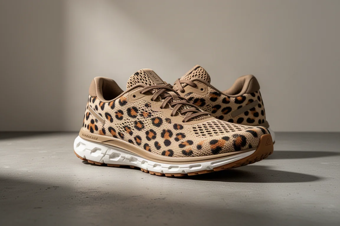 Salomon Phantasm road running shoe with leopard print upper on a concrete surface