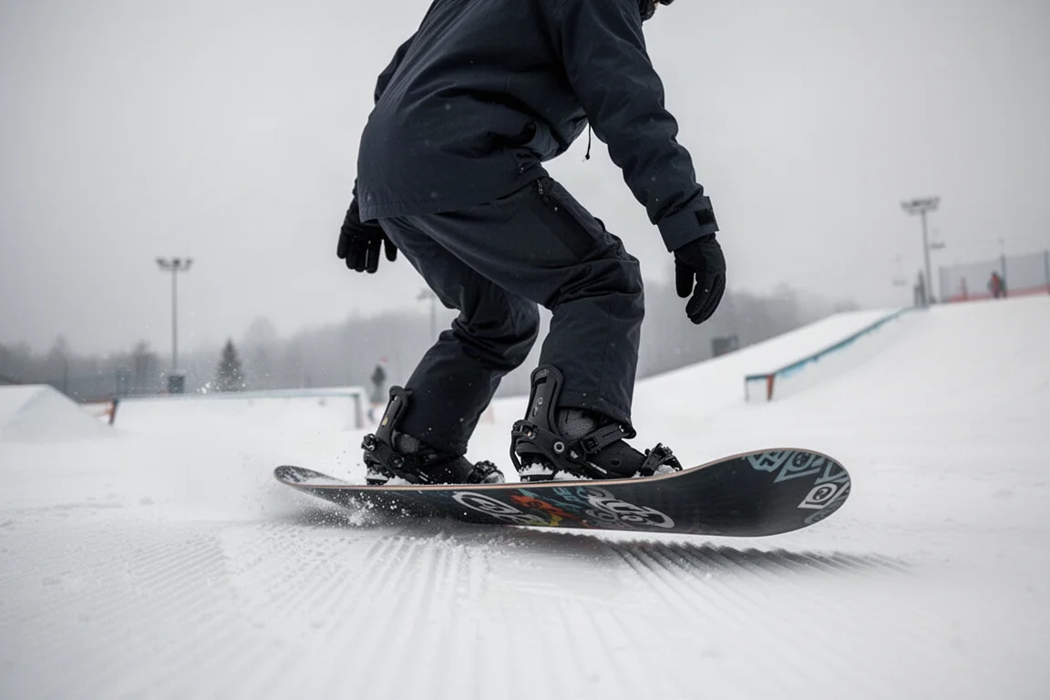 Snowboarder apoyando la tabla plana sobre la nieve en un terrain park