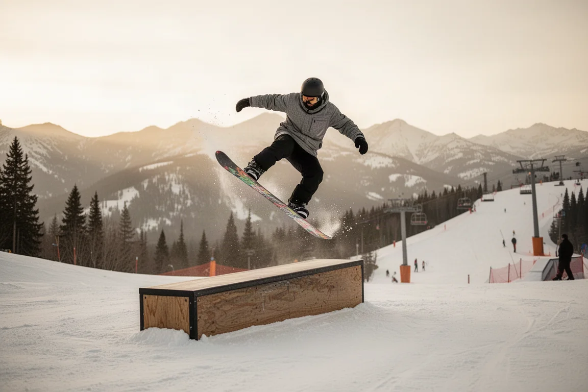 Snowboarder haciendo un butter sobre una pequeña figura del park