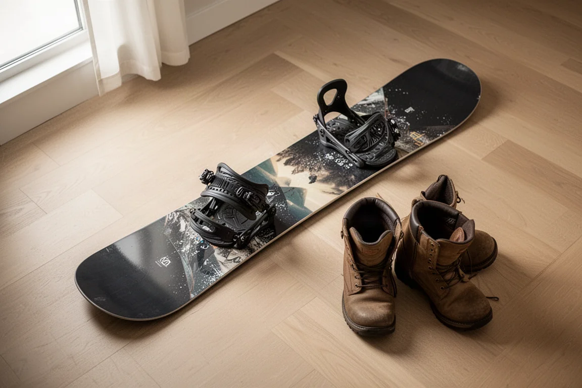 Fijaciones de snowboard y una tabla extendidas sobre un suelo de madera