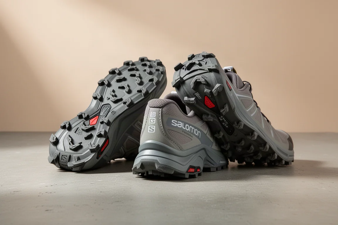 Two Salomon Pulsar trail running shoes side by side on a concrete surface
