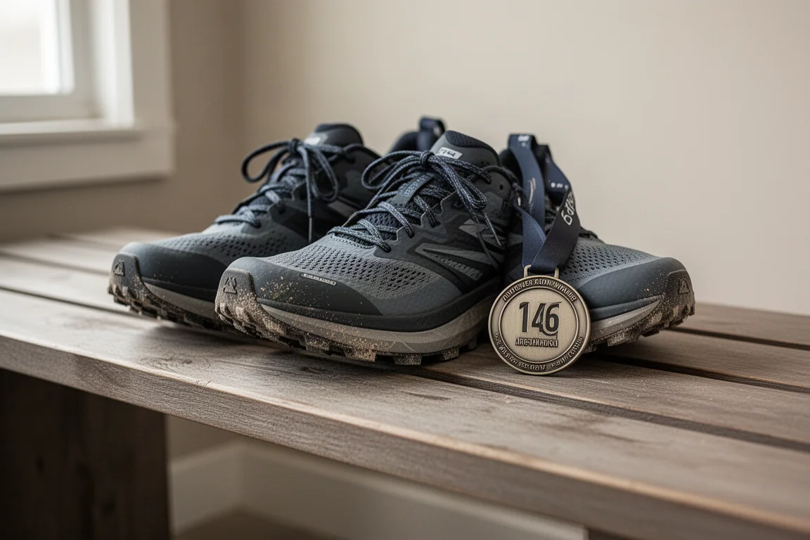 Buty do biegania w terenie leżące obok medalu wyścigowego na drewnianej ławce