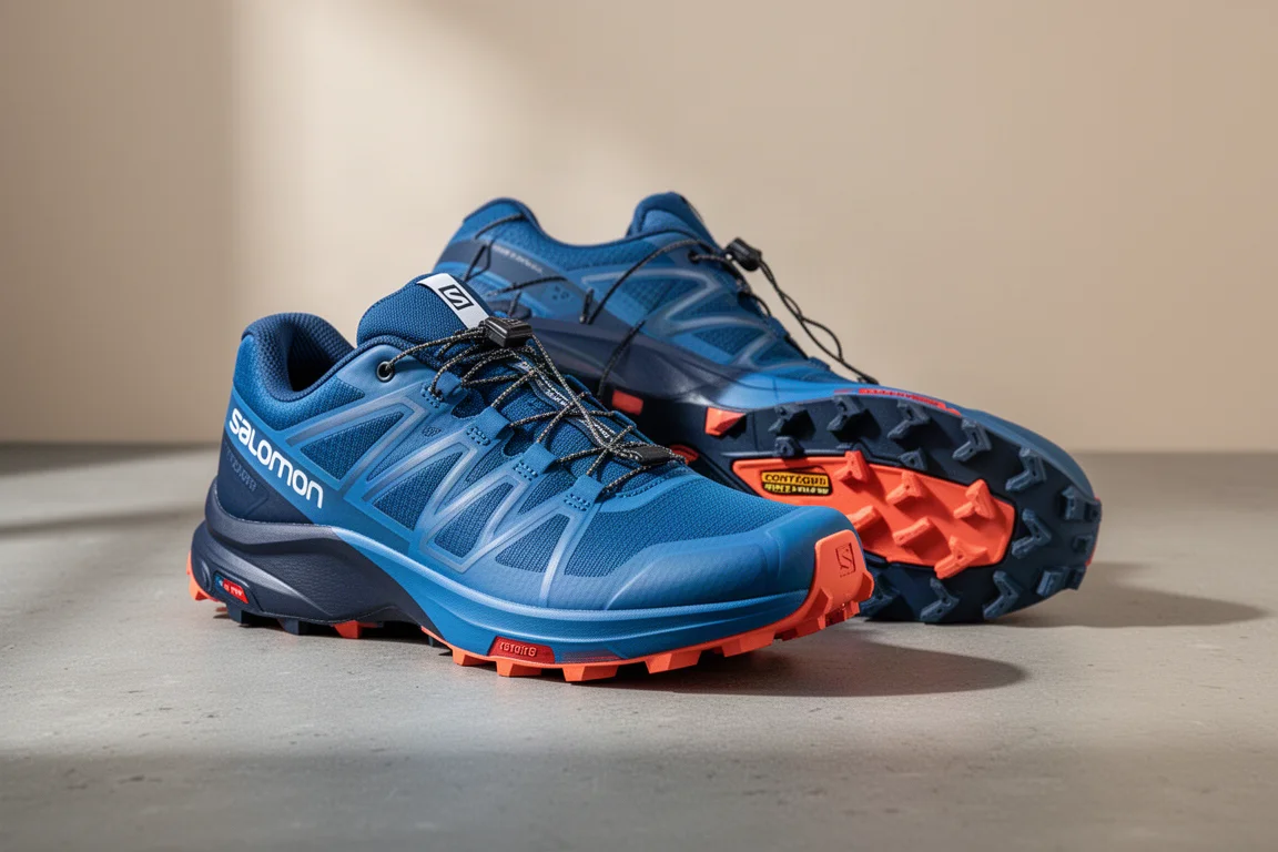 Pair of Salomon Pulsar Trail Pro trail shoes with contrasting toe bumpers on concrete