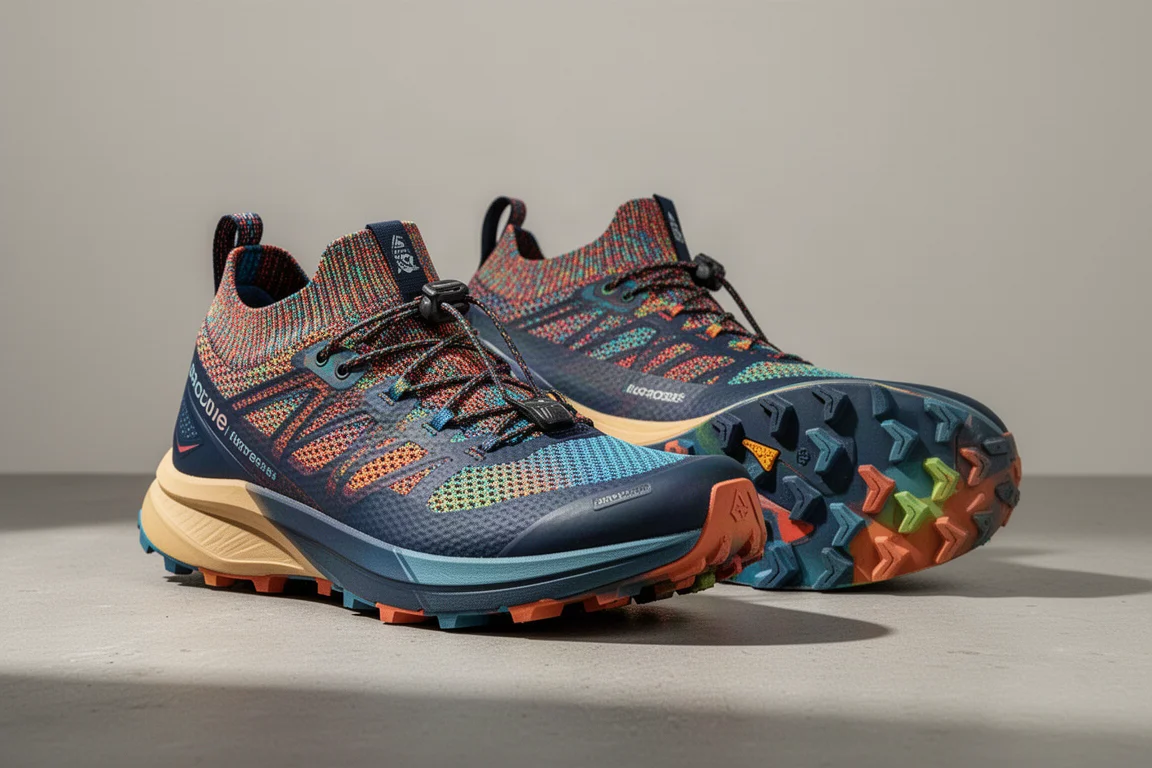 Salomon Pulsar Trail Pro trail running shoes in a bold collaboration colorway on concrete