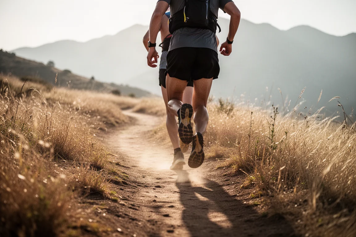 Trailrunner auf einem staubigen Singletrail im weichen Morgenlicht