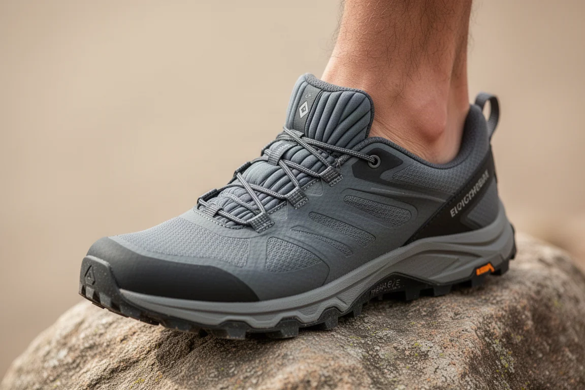 Nahaufnahme von Zunge und Schnürsystem eines Trailrunningschuhs am Fuß eines Läufers