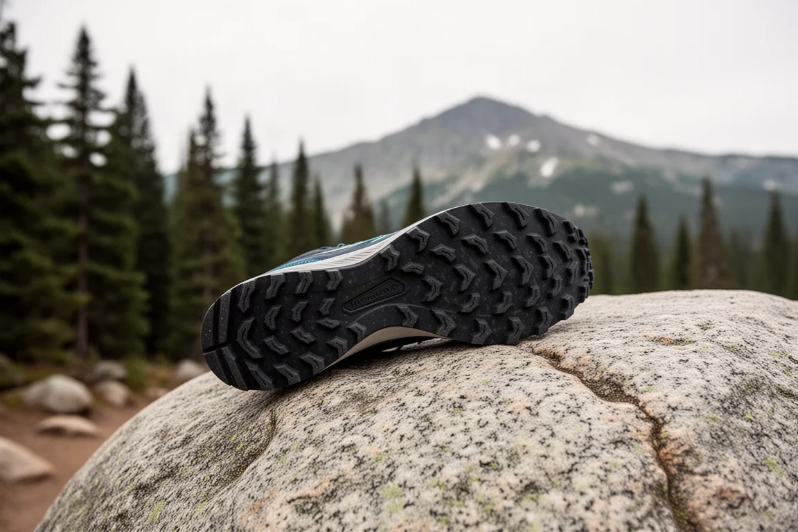 Außensohle eines Trailrunningschuhs mit Stollen auf einer Granitfelsfläche