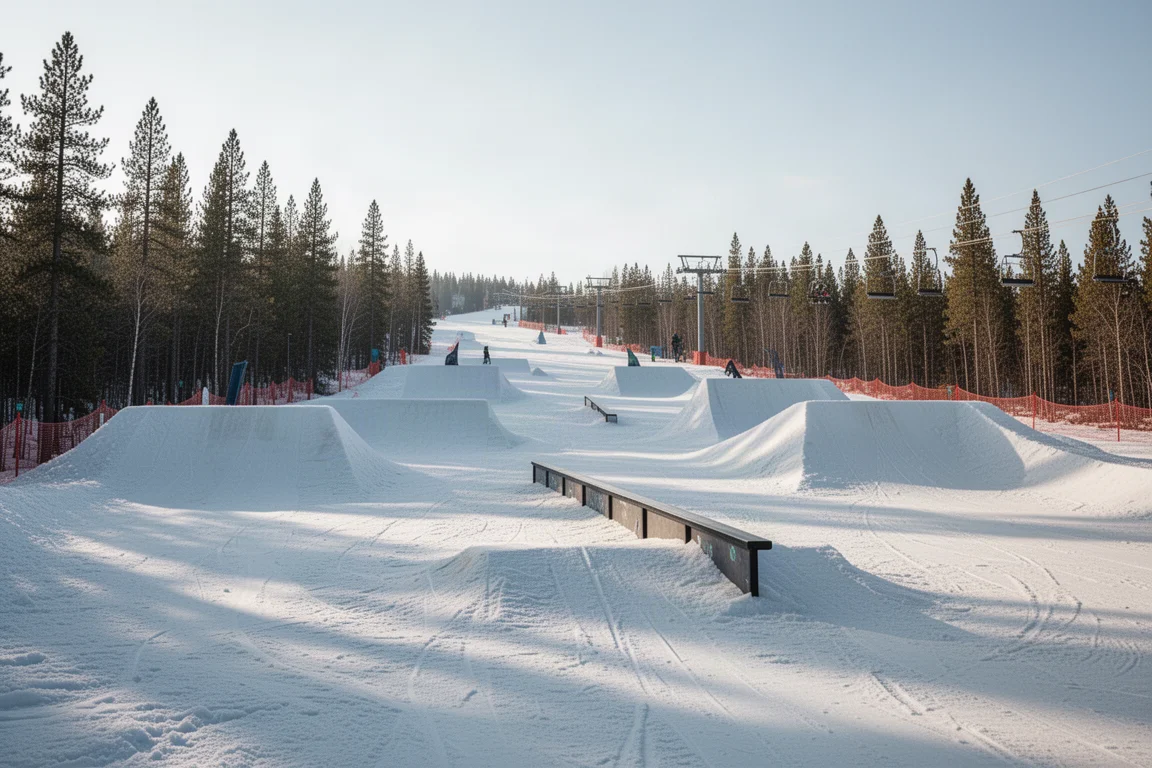 Wiosenny snowpark z rzeźbionymi skoczniami i poręczami w miękkim, mokrym śniegu
