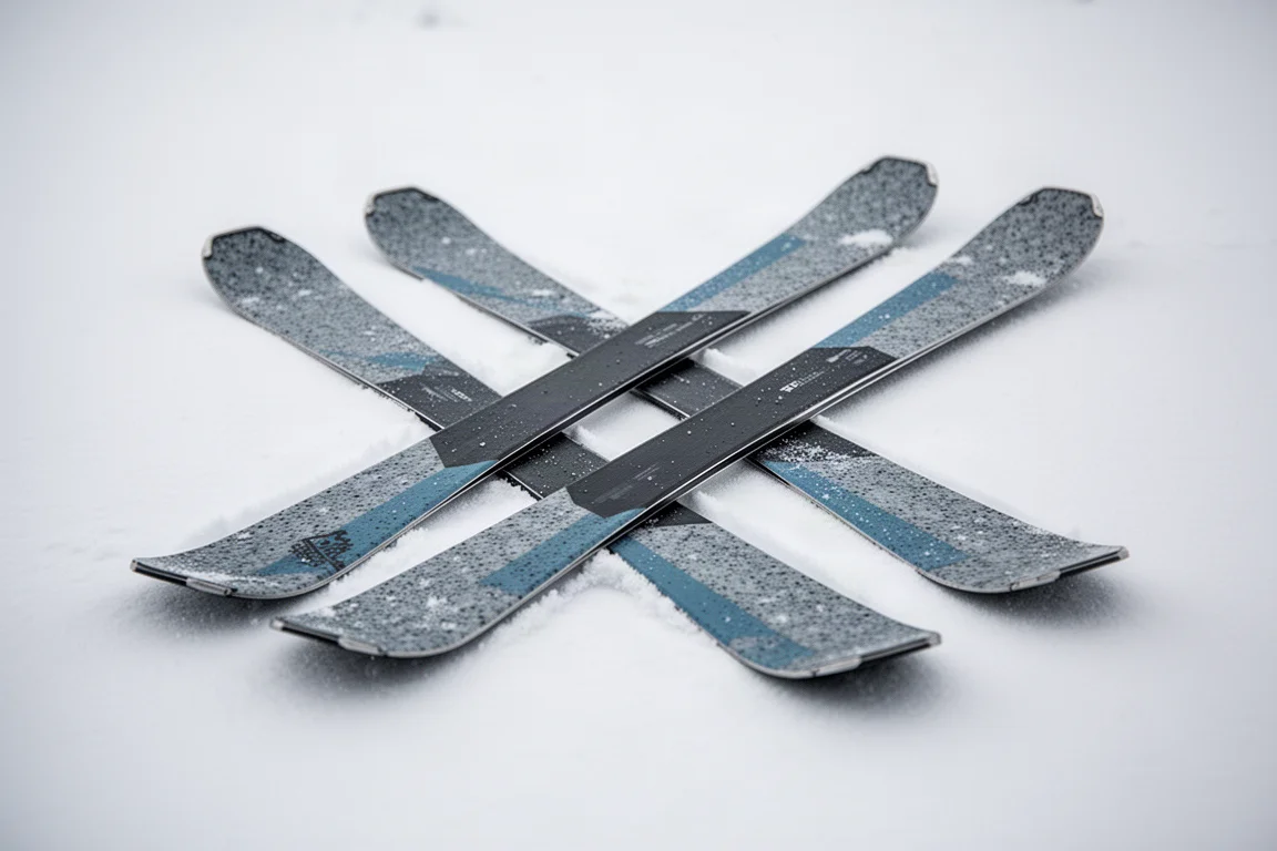 Pair of freestyle twin-tip all-mountain skis resting on packed snow