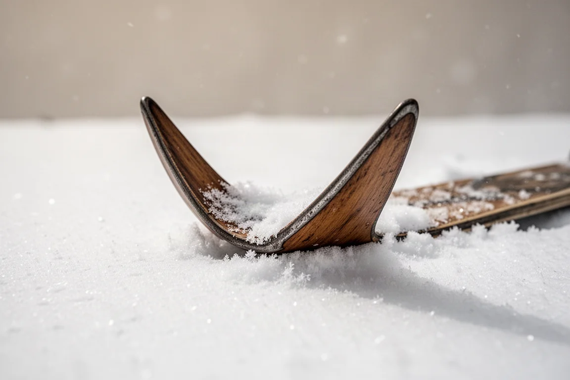 新雪に押し込まれたビンテージ風のとがったスキーティップの接写